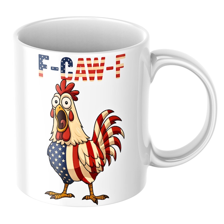 Cana amuzanta „F-CAW-F” cocos patriotic Cadou funny pentru iubitorii de cafea si umor, prieteni, colegi, pentru dimineti fara filtru, ceramica, 330ml, alba