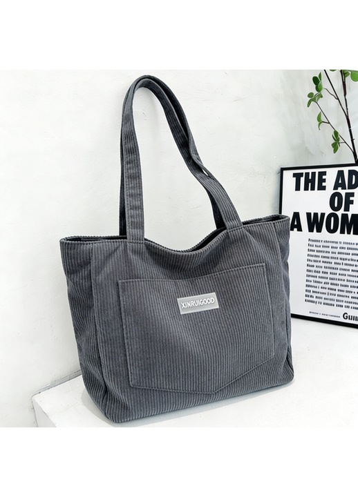 Geanta tote dama retro din corduroy, LUXWTB, gri inchis, purtare in mana/pe umar, capacitate mare si rezistenta, pentru naveta zilnica, calatorii si cadouri de sarbatori
