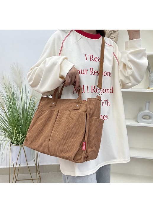 Geanta Tote Dama Retro Corduroy, Geanta dama cu bandoliera, Multi-buzunar, Capacitate Mare si Rezistenta, Gentusa Umeri, Adecvat pentru calatorii zilnice, calatorii si cadouri de sarbatori