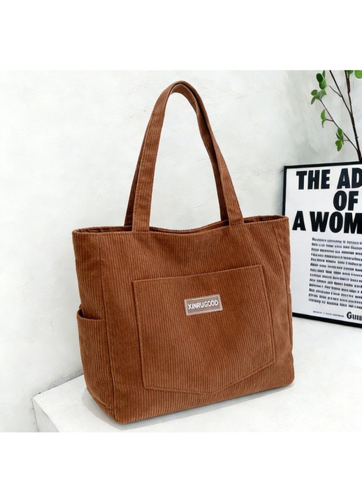 Geanta tote dama retro din corduroy, LUXWTB, maro, purtare in mana/pe umar, capacitate mare si rezistenta, pentru naveta zilnica, calatorii si cadouri de sarbatori