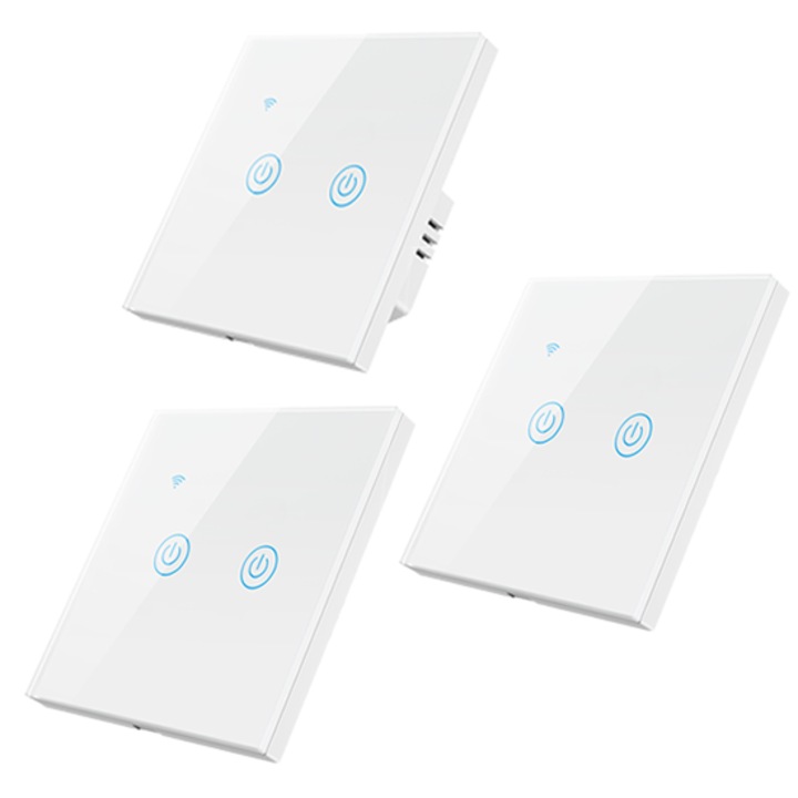 Set intrerupator inteligent cu contact tactil, HomeVast®, cu protocol WiFi si wireless RF433, compatibil Tuya/Smart life, cu sau fara nul, 2 canale, alb, plus 2 telecomenzi RF433, 2 canale, alb