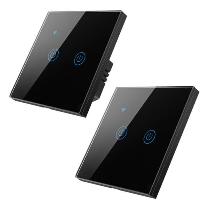 Set intrerupator inteligent cu contact tactil, HomeVast®, cu protocol WiFi si wireless RF433, compatibil Tuya/Smart life, cu sau fara nul, 2 canale, negru, plus telecomanda RF433, 2 canale, negru
