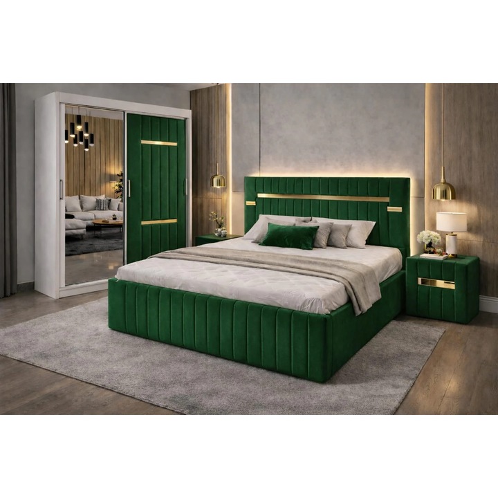 Dormitor Velvet Verde cu Dressing Tapitat Si Noptiere Tapitate
