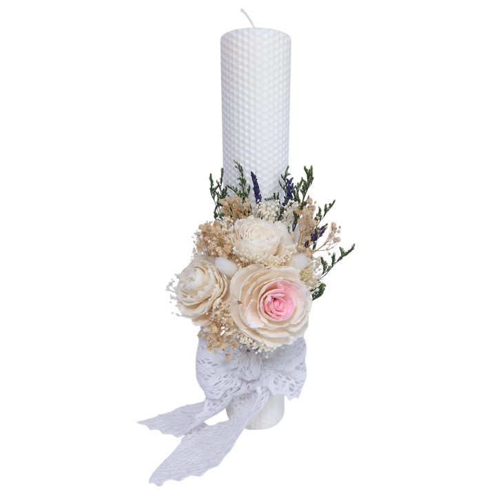 Lumanare Botez din ceara naturala decorata cu flori ming si flori criogenate/uscate, 35 cm