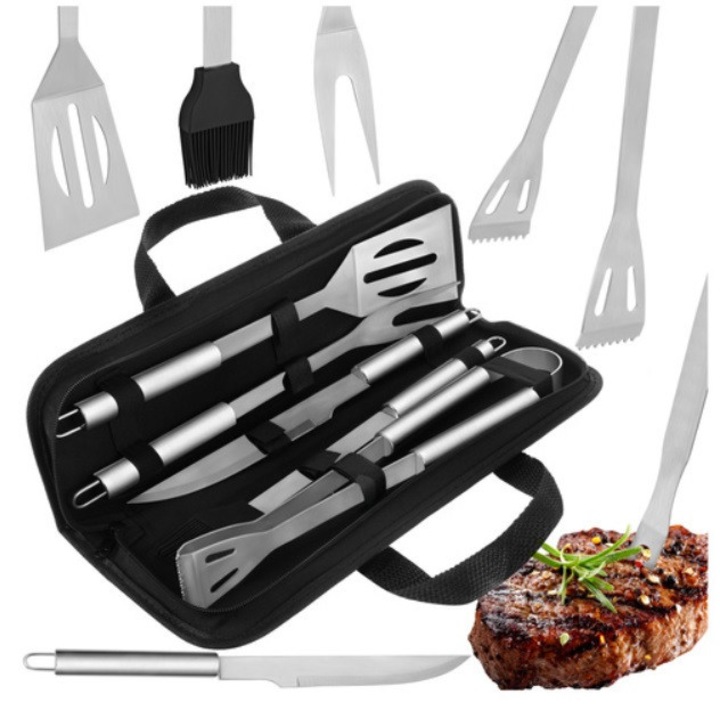 Set 5 ustensile pentru gratar KESNUP, accesorii pentru grill din otel inoxidabil premium, include cleste, spatula, furculita, cutit si pensula, geanta transport rezistenta cu manere, dimensiuni 38.5 x 11.5 x 5 cm, Negru