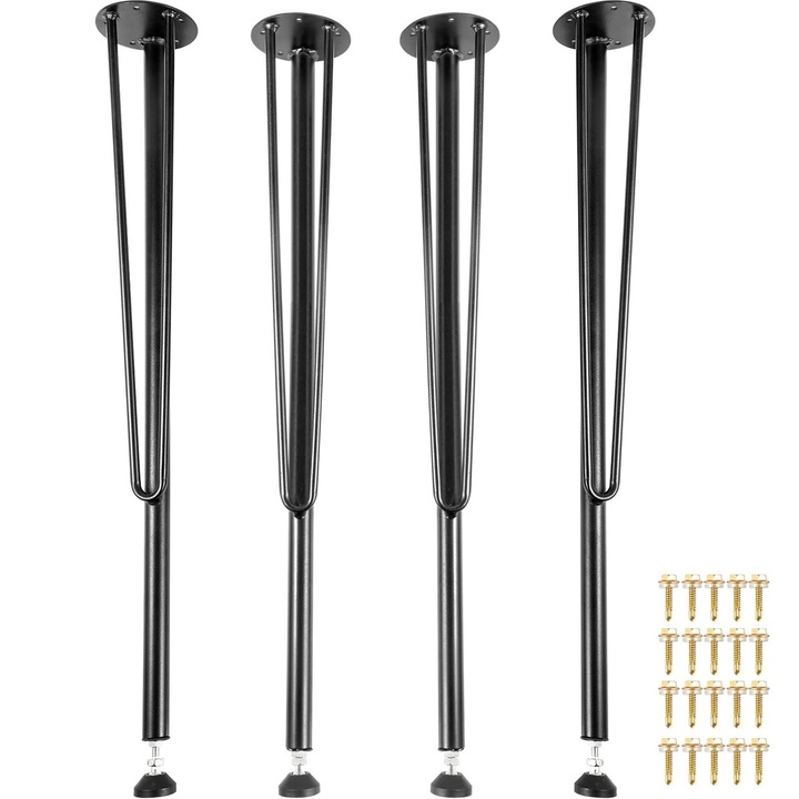 Set 4 x picioare de masa tip ac de par, Inaltime 71 cm, Otel, Negru, Nivelare reglabila