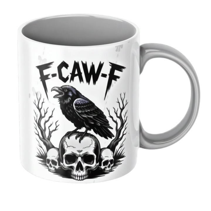 Cana „F-CAW-F” cu corb Design dark, gotic, intens, pentru iubitorii de umor negru, nonconformist, ceramica, 330ml, gri