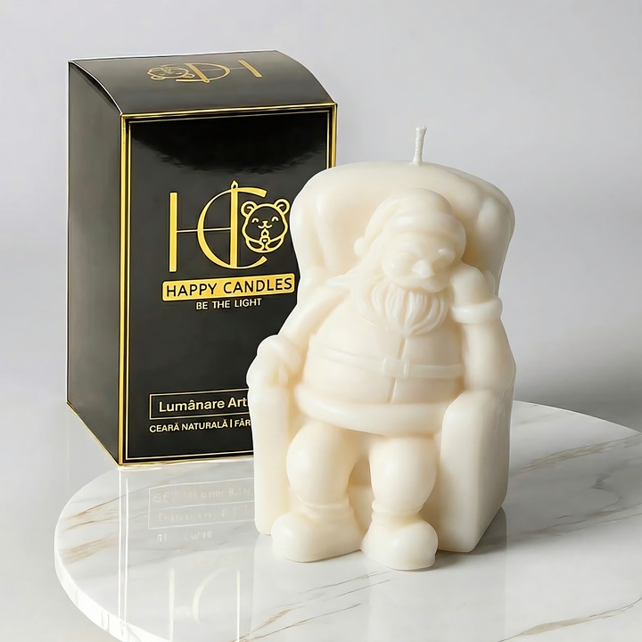 Свещ от естествен пчелен восък, Happy Candles, Дядо Коледа, слонова кост, ръчно изработена, Коледа, 140гр