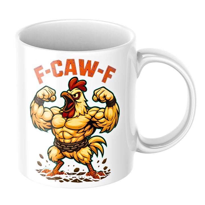 Cana amuzanta „F-CAW-F” cu cocos musculos design funny pasionati de fitness, bodybuilder si sport, ceramica, 330 ml, alba