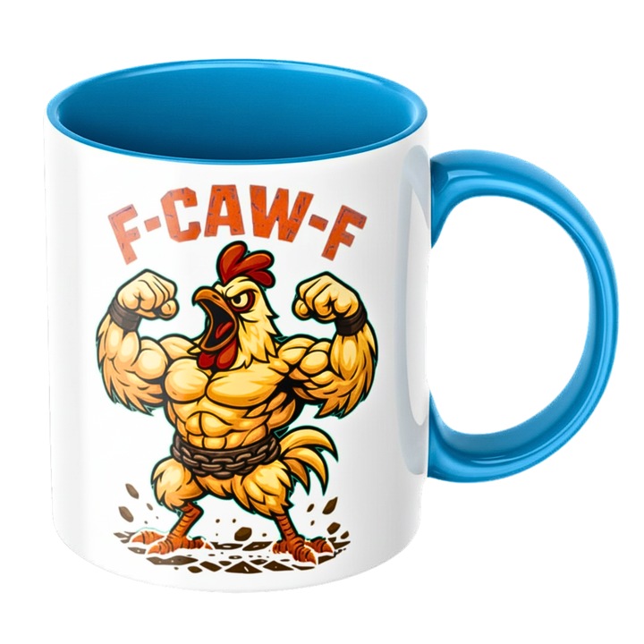 Cana amuzanta „F-CAW-F” cu cocos musculos design funny pasionati de fitness, bodybuilder si sport, ceramica, 330 ml, albastra