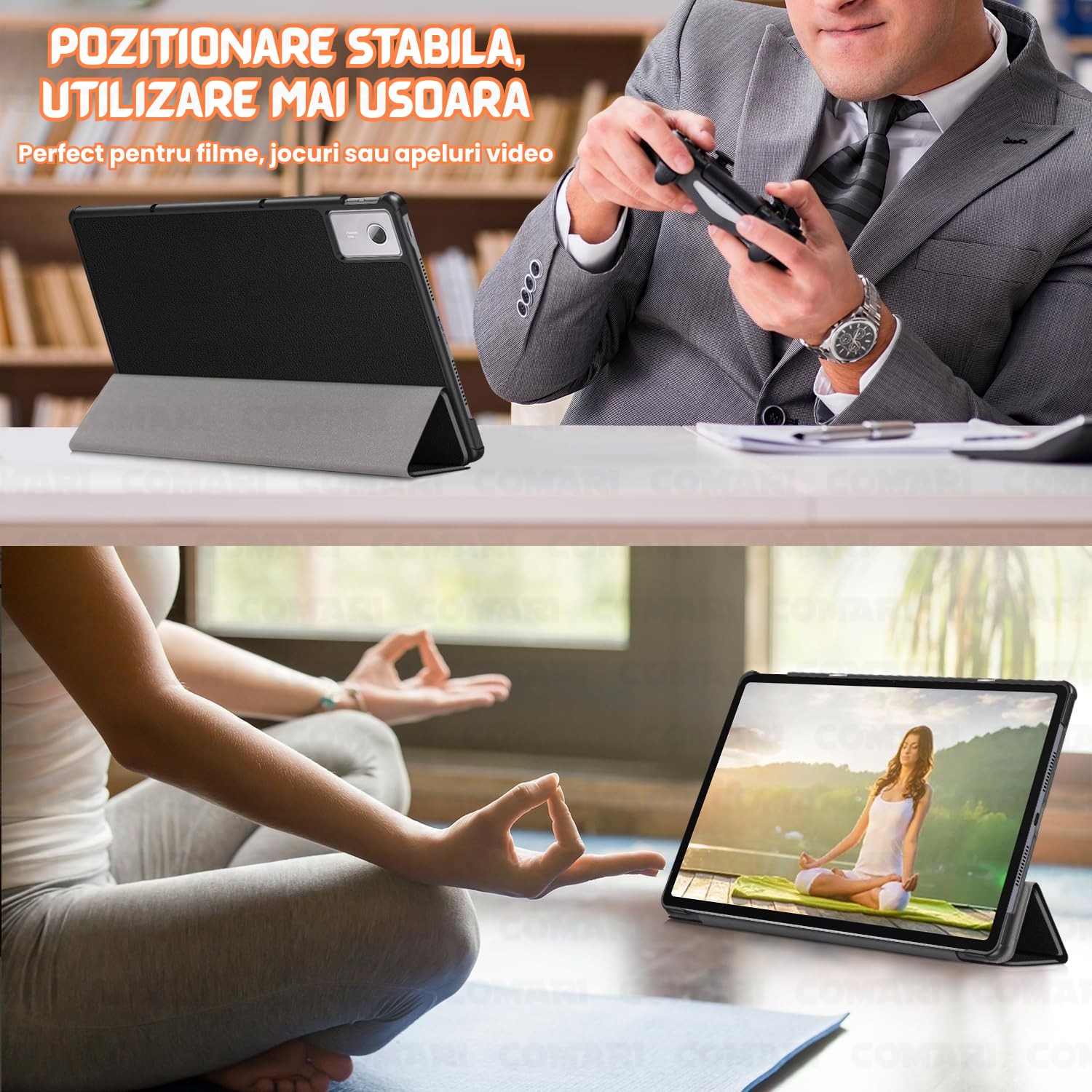 Husa pentru Lenovo Idea Tab Plus 12.1 Comari® EliteCover, protectie completa, functie stand multipla, design elegant tip carte, Butterfly