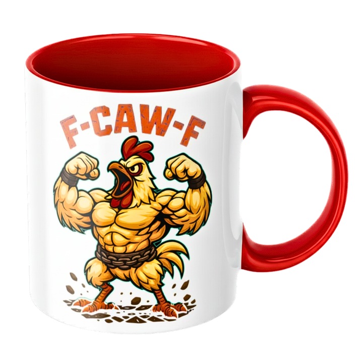 Cana amuzanta „F-CAW-F” cu cocos musculos design funny pasionati de fitness, bodybuilder si sport, ceramica, 330 ml, rosie