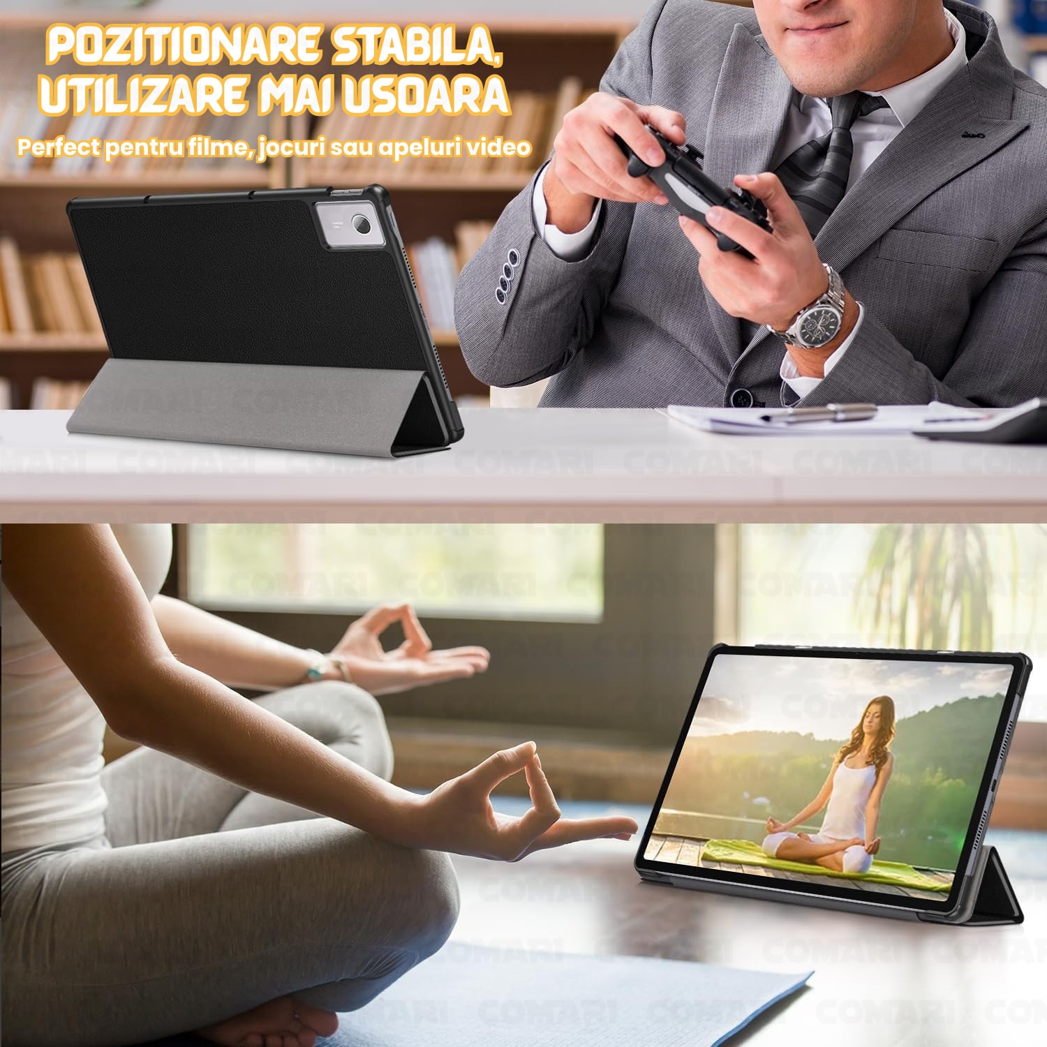 Husa pentru Lenovo Idea Tab Plus 12.1 Comari® EliteCover, protectie completa, functie stand multipla, design elegant tip carte, Green Time