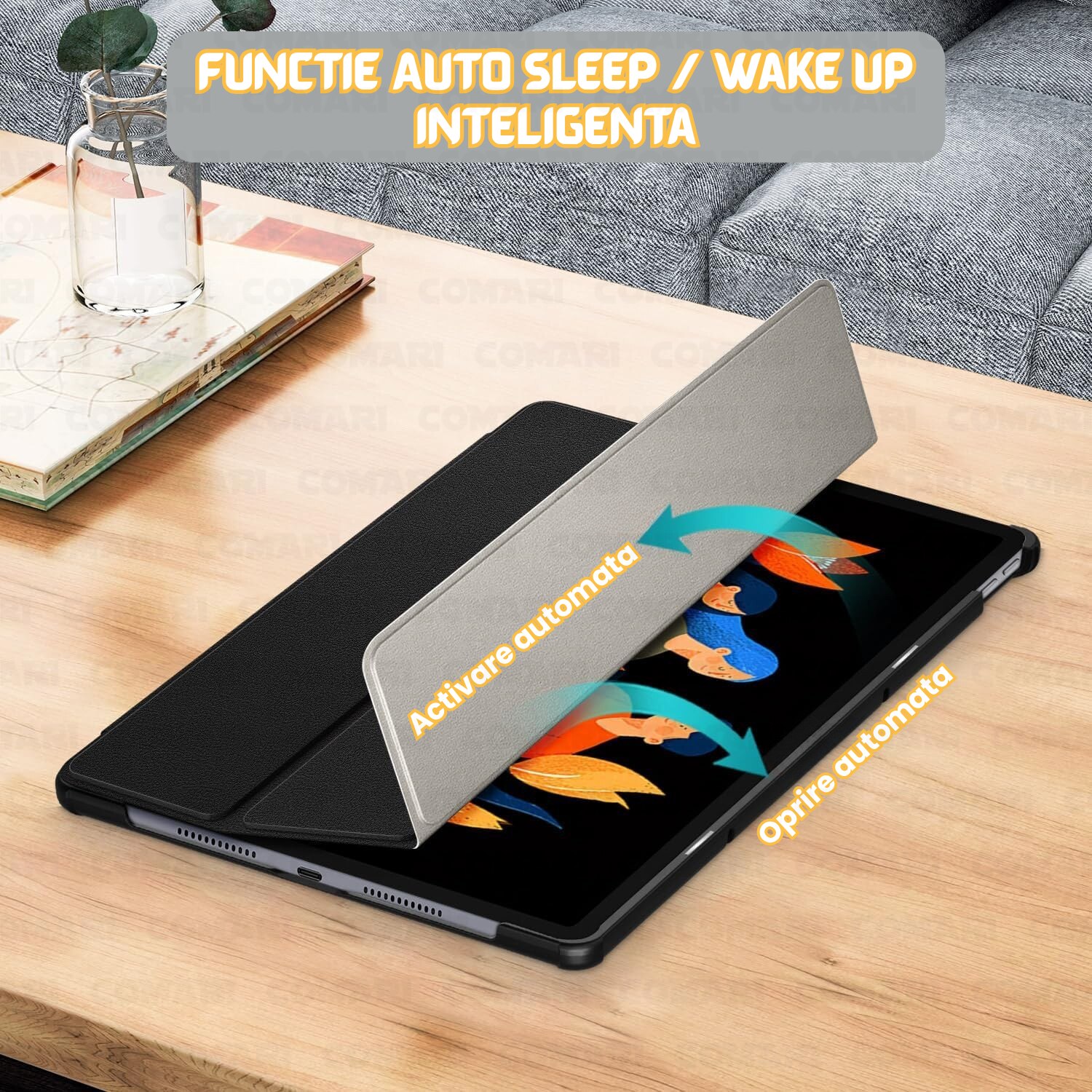 Husa pentru Lenovo Idea Tab Plus 12.1 Comari® EliteCover, protectie completa, functie stand multipla, design elegant tip carte, Green Time