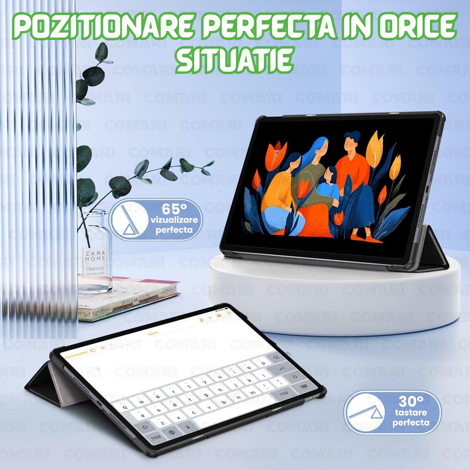 Husa pentru Lenovo Idea Tab Plus 12.1 Comari® EliteCover, protectie completa, functie stand multipla, design elegant tip carte, Grafitti