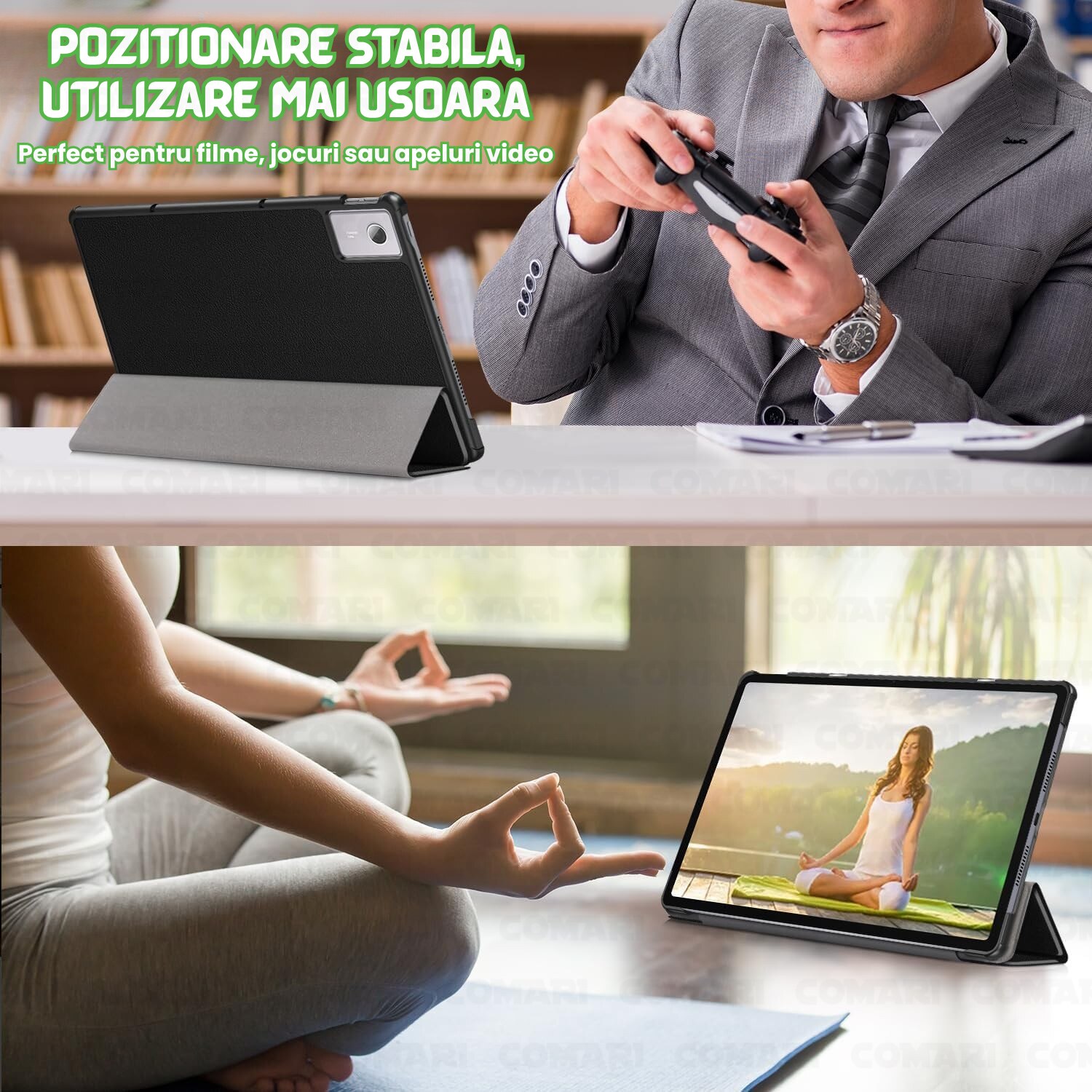 Husa pentru Lenovo Idea Tab Plus 12.1 Comari® EliteCover, protectie completa, functie stand multipla, design elegant tip carte, Grafitti