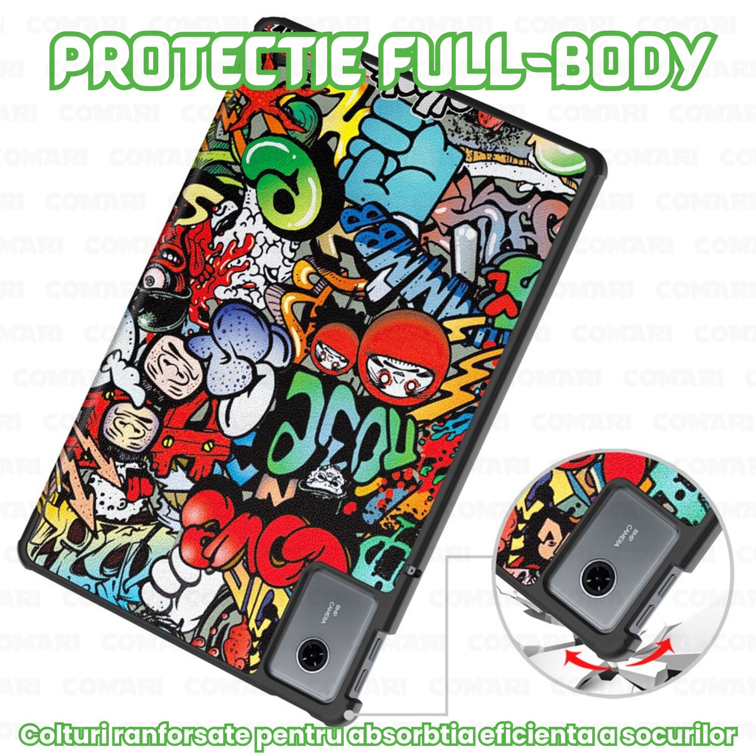 Husa pentru Lenovo Idea Tab Plus 12.1 Comari® EliteCover, protectie completa, functie stand multipla, design elegant tip carte, Grafitti