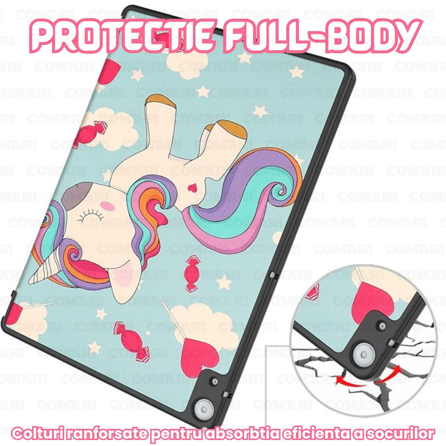 Husa pentru Lenovo Idea Tab Plus 12.1 Comari® EliteCover, protectie completa, functie stand multipla, design elegant tip carte, Unicorn