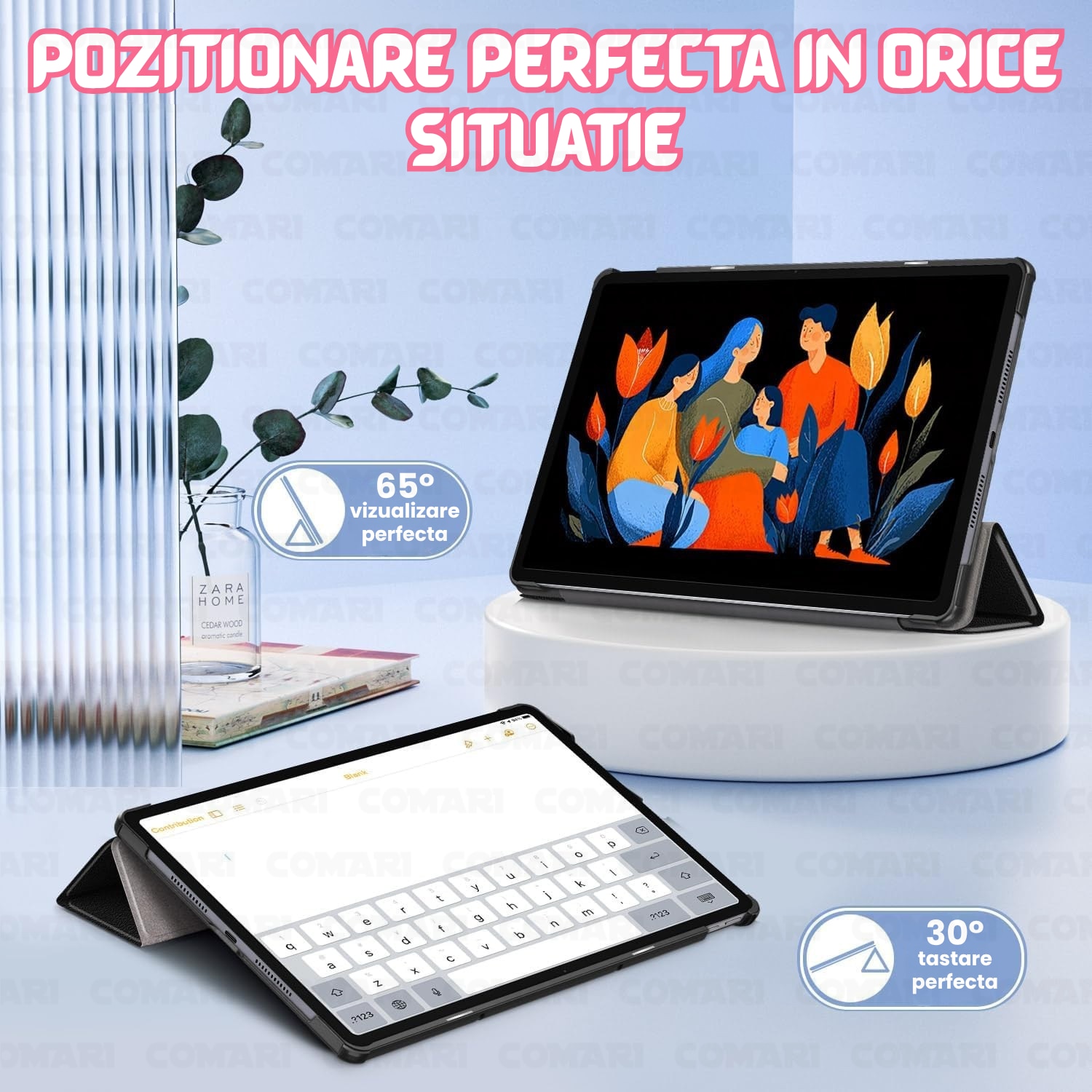 Husa pentru Lenovo Idea Tab Plus 12.1 Comari® EliteCover, protectie completa, functie stand multipla, design elegant tip carte, Unicorn