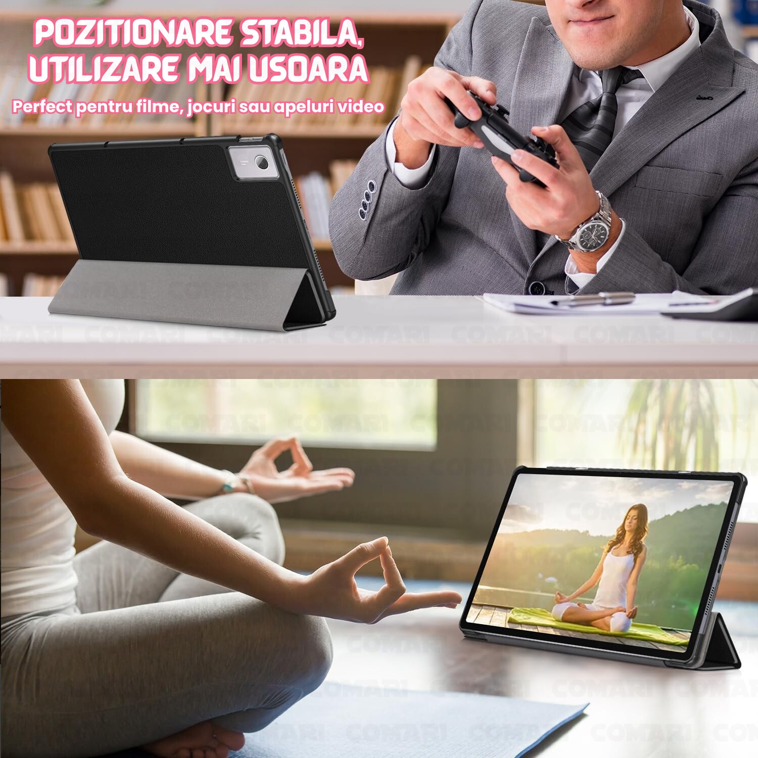 Husa pentru Lenovo Idea Tab Plus 12.1 Comari® EliteCover, protectie completa, functie stand multipla, design elegant tip carte, Unicorn