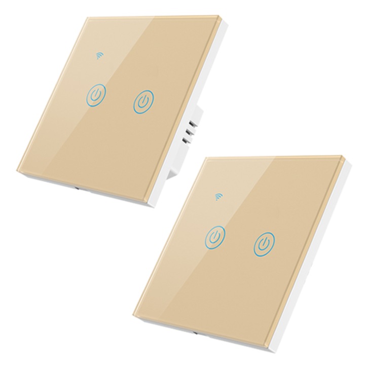 Set intrerupator inteligent cu contact tactil, HomeVast®, cu protocol WiFi si wireless RF433, compatibil Tuya/Smart life, cu sau fara nul, 2 canale, auriu, plus telecomanda RF433, 2 canale, auriu