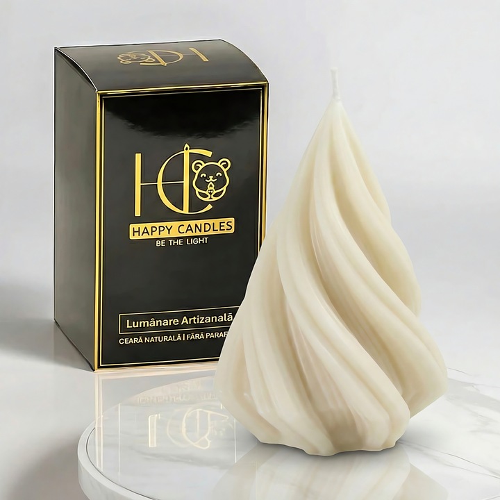 Свещ от естествен пчелен восък, Happy Candles, Спираловидна Елха S, Слонова кост, Ръчна изработка, Коледа, 65гр