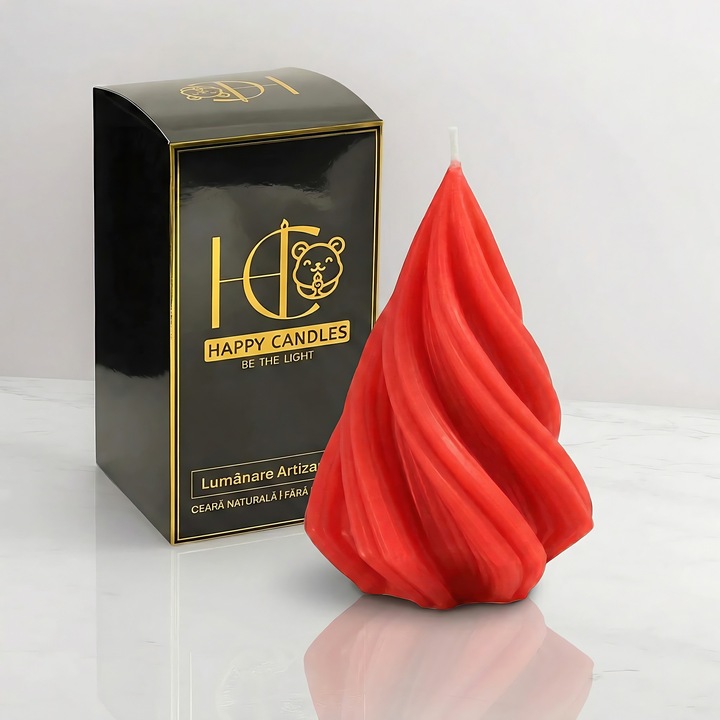 Свещ от естествен пчелен восък, Happy Candles, Спираловидна Елха S, Червена, Ръчна изработка, Коледа, 65гр