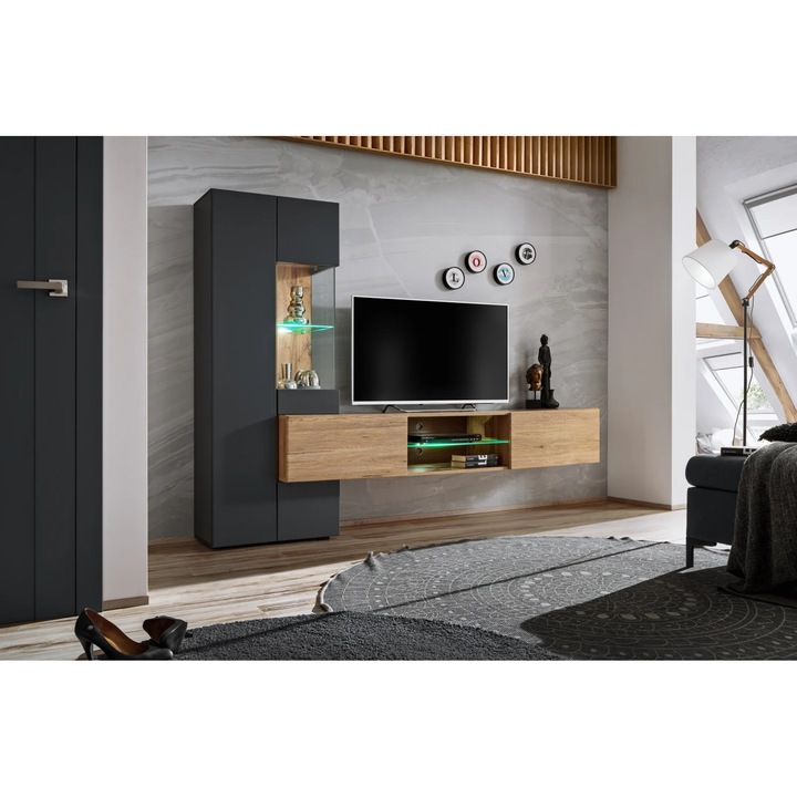 Set mobila Living moderna, 210 cm lungime, antracit inchis /stejar artisan, usi deschidere push open, comoda tv suspendata, vitrina sticla, led lumina alba