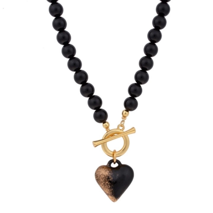 Colier Colibra cu inima plina, lava vulcanica, 45cm, negru-auriu
