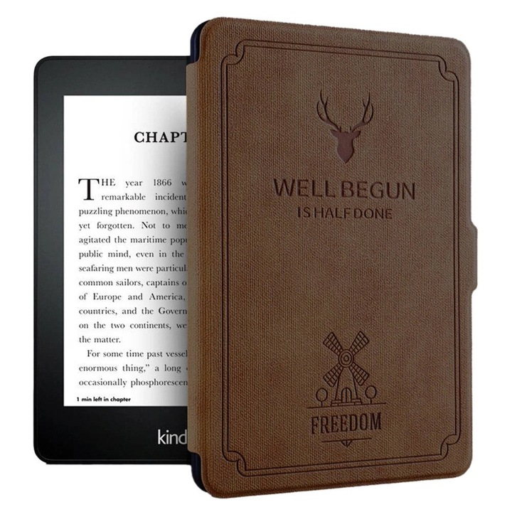 Etui Smart Cover pentru Kindle Paperwhite 1/2/3, camel, functie de auto-activare si auto-odihnire, set 1 buc.