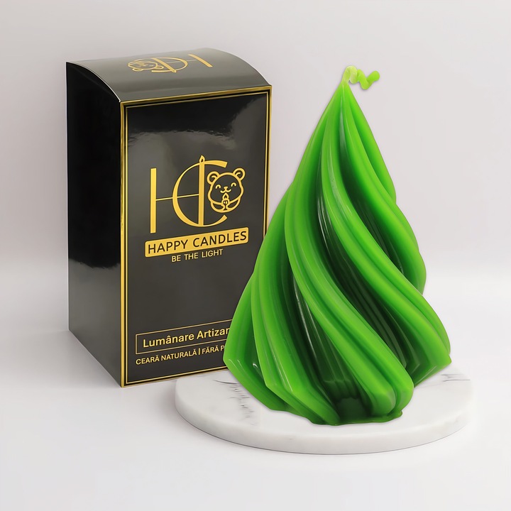 Свещ от естествен пчелен восък, Happy Candles, Спираловидна Елха S, Лайм, Ръчна изработка, Коледа, 65гр