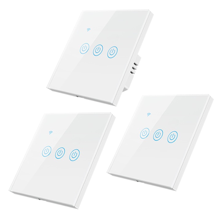 Set intrerupator inteligent cu contact tactil, HomeVast®, cu protocol WiFi si wireless RF433, compatibil Tuya/Smart life, cu sau fara nul, 3 canale, alb, plus 2 telecomenzi RF433, 3 canale, alb