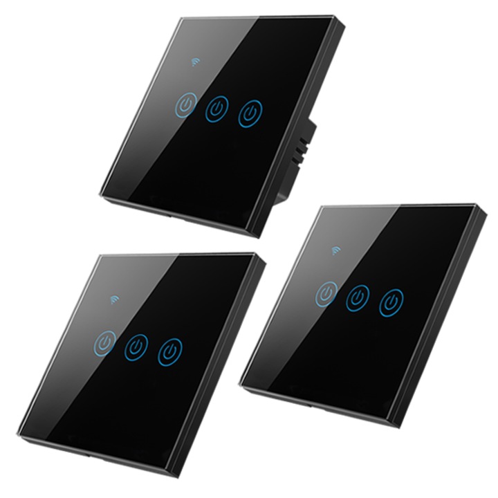 Set intrerupator inteligent cu contact tactil, HomeVast®, cu protocol WiFi si wireless RF433, compatibil Tuya/Smart life, cu sau fara nul, 3 canale, negru, plus 2 telecomenzi RF433, 3 canale, negru