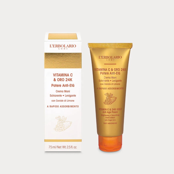 Crema de maini L'Erbolario cu Vitamina C si Aur 24K, efect anti-imbatranire, 75 ml