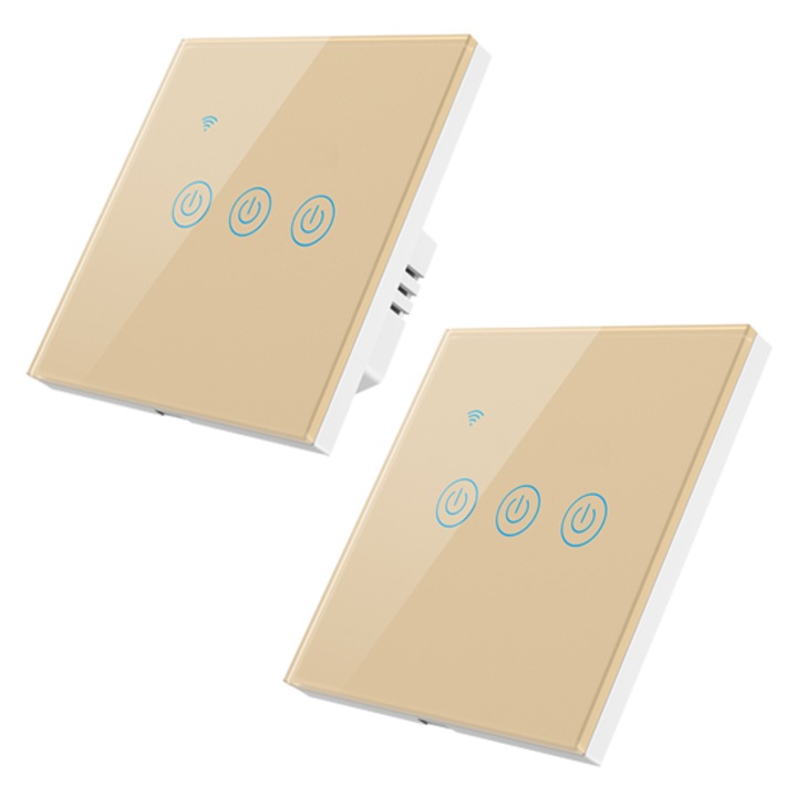 Set intrerupator inteligent cu contact tactil, HomeVast®, cu protocol WiFi si wireless RF433, compatibil Tuya/Smart life, cu sau fara nul, 3 canale, auriu, plus telecomanda RF433, 3 canale, auriu