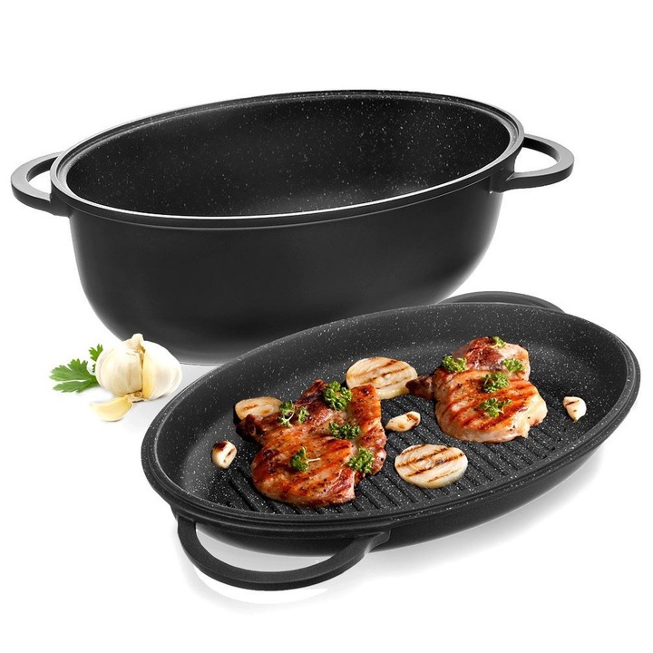 Set tigai ovale Artemis, 10L, 43x28x13,5cm, negru, cu capac grill 4L, 38x25x5cm
