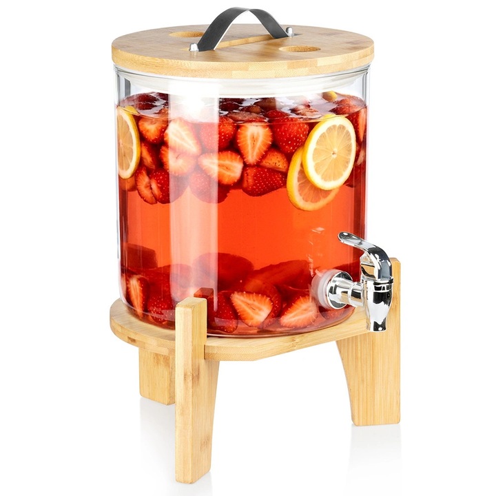 Dispenser bauturi cu robinet si suport, 5L, sticla borosilicata, transparent, 28x23,5x34,5cm