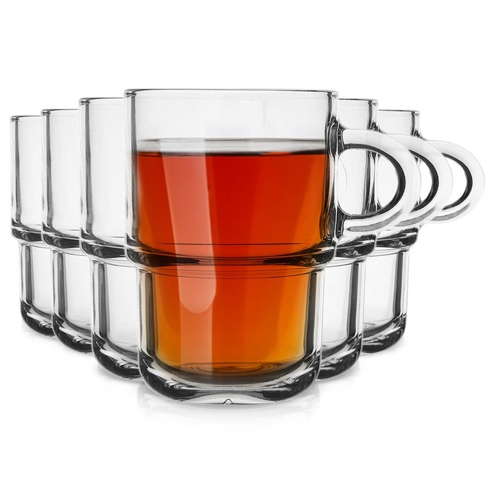 Set 6 pahare transparente cu maner, 350 ml, 11x8x11,5 cm, pentru cafea si ceai