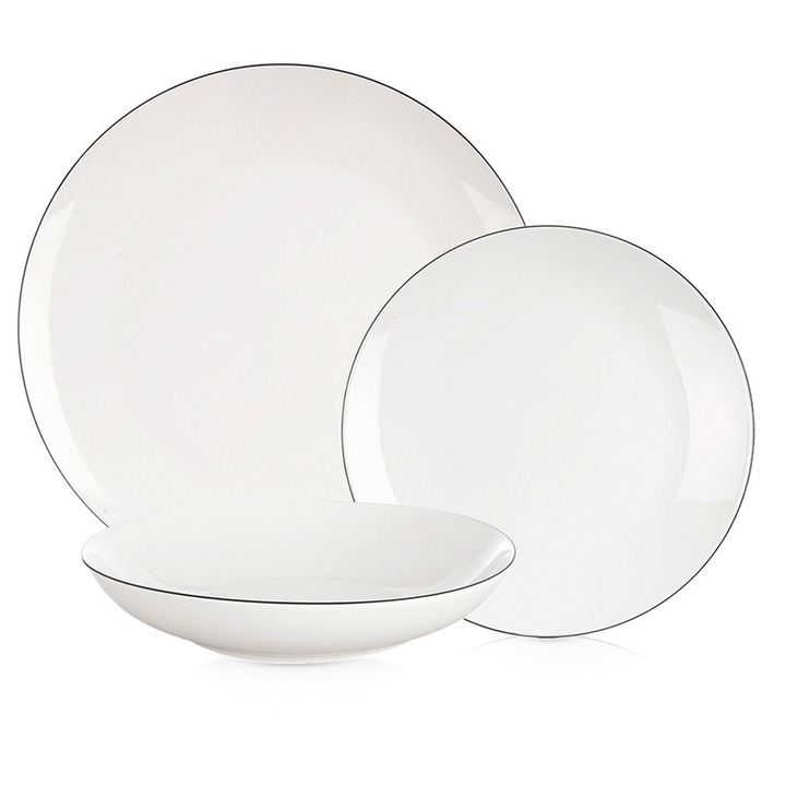 Set de 18 farfurii din portelan, Artemis, alb cu margine neagra, pentru 6 persoane, inclusiv farfurii adanci, plate si de desert