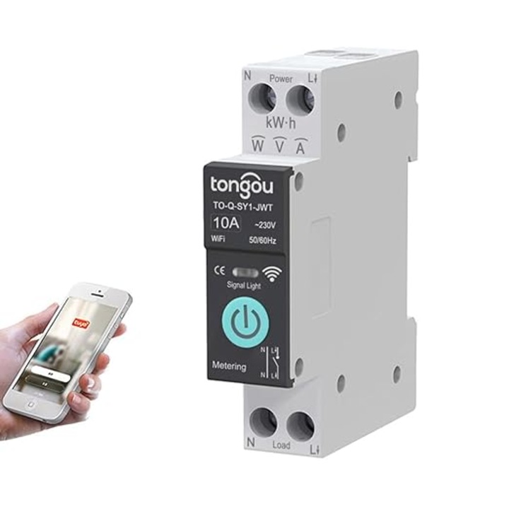 Siguranta Automata Smart WiFi 10A TUYA, Control din Aplicatie, DIN Rail, Monitorizare Consum (Metering), 230V