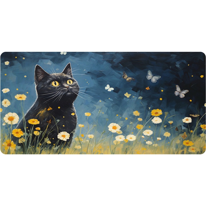 Mousepad Deskmat Flower black cat canvas wall 700x350x2mm margini drepte necusute Oktane