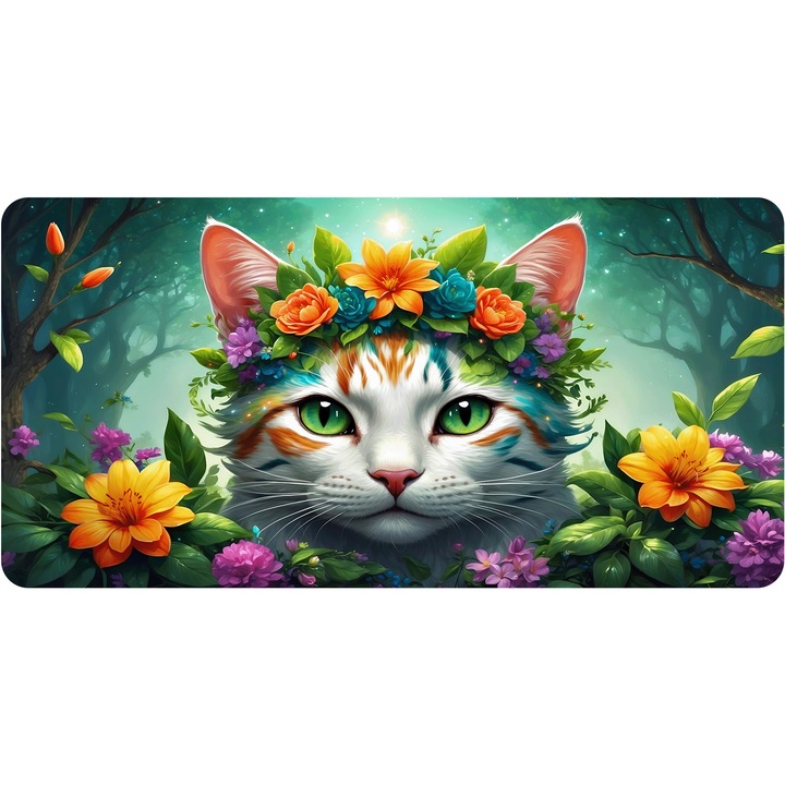 Mousepad Deskmat A cute kitten playing with flowers 700x350x2mm margini drepte necusute Oktane