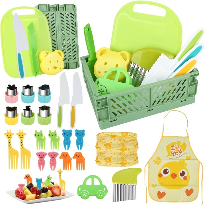 Set de ustensile de bucatarie pentru copii, Fain Mioritic®, 27 de piese, cu cutie de depozitare pliabila, fabricata din materiale sigure, fara BPA, jucarie educativa Montessori, jucarie de bucatarie, imbunatateste abilitatile practice ale copiilor