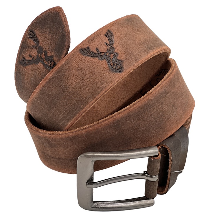 Curea Barbati din Piele Naturala Top Grain Maro si personalizata cu Cerb