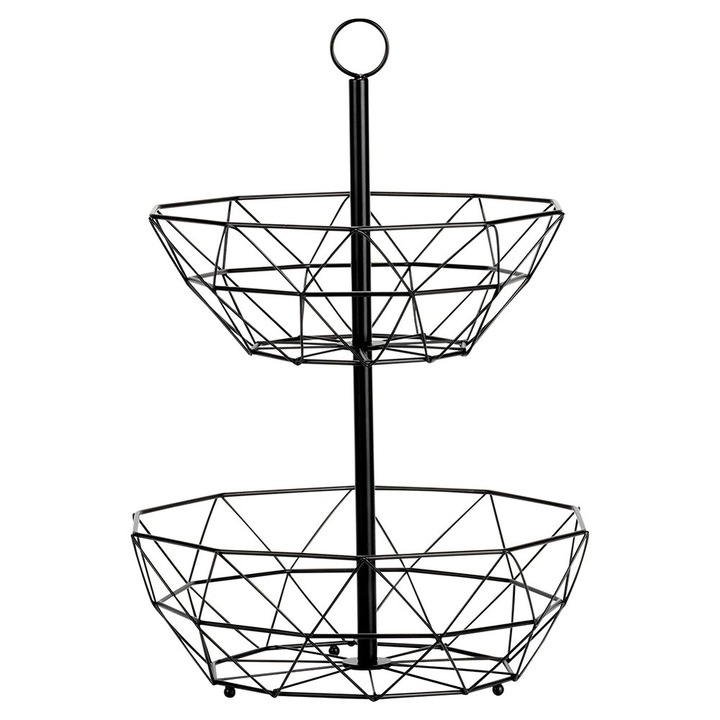 Cos fructe etajat 2 niveluri, metal, 43 x 30 cm, stil loft, negru