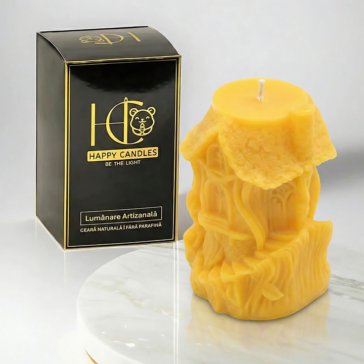 Свещ от естествен пчелен восък, Happy Candles, Приказна къща, Жълта, Ръчно изработена, Хелоуин, 145гр