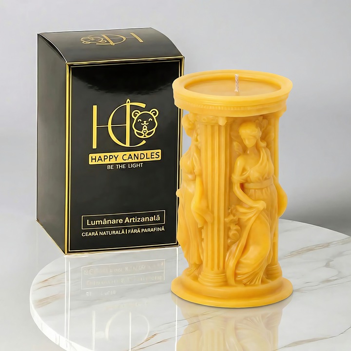 Свещ от естествен пчелен восък, Happy Candles, Гръцка богиня Атина, Жълта, Ръчно изработена, 200гр