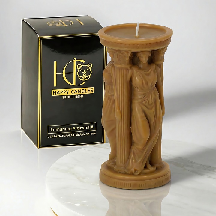 Свещ от естествен пчелен восък, Happy Candles, Гръцка богиня Артемида, Дърво, Ръчно изработена, 170гр