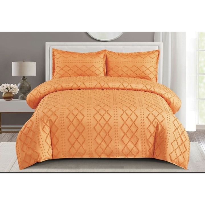Set Lenjerie de pat dublu, 4 piese, Uni, model grofat romburi, Cearceaf de pat cu elastic 180x200 cm, Cearceaf pilota 200x230 cm, 2 fete de perna 50x70 cm, Portocaliu