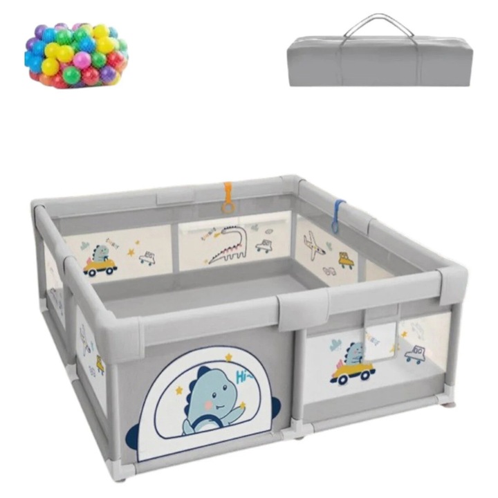 Tarc De Joaca Pentru Copii, 120x120 Cm, 60 Bile Colorate, 2 Inele De Sustinere, Plasa de Protectie, Usa cu Fermoar, Protectii Pentru Colturi, Geanta de Transport, Varsta 0-5 ani, Model Dinozaur